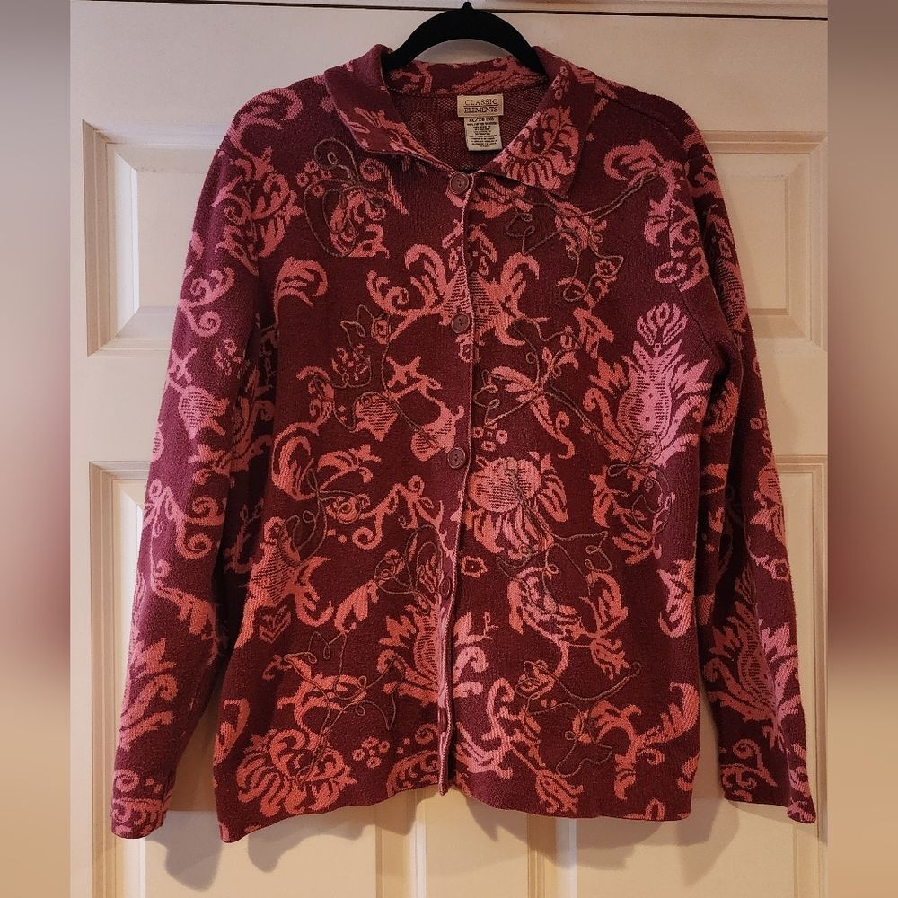 Classic Elements vintage pink rose heavyweight button up cardigan sweater XL